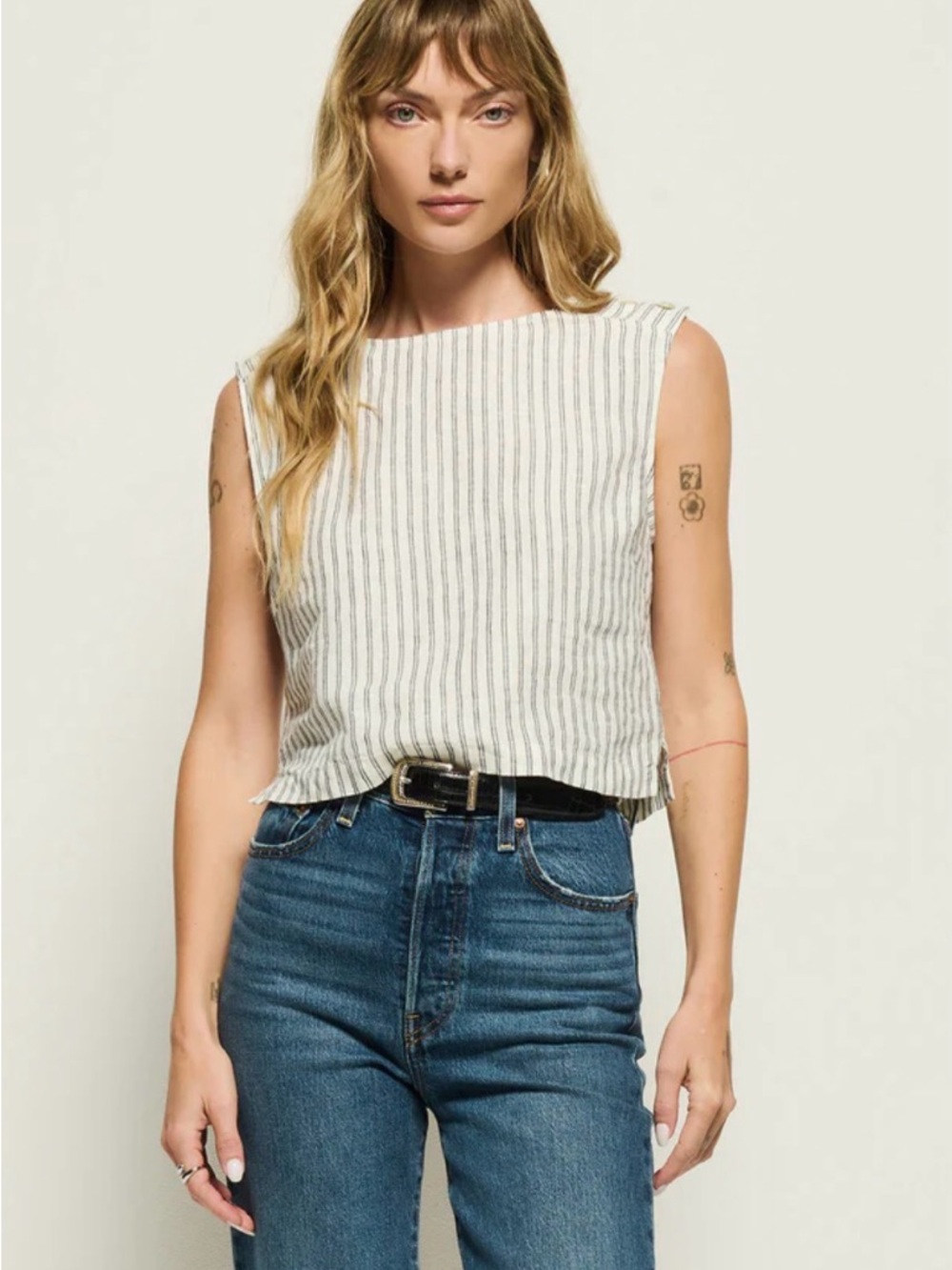 Lilla P Striped Boatneck Crop Tank in White and Navy